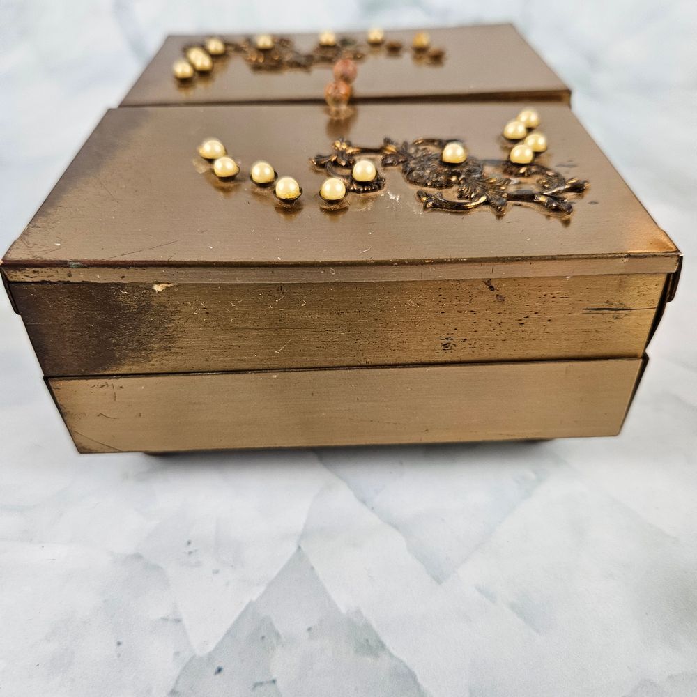 Vintage metal trinket jewelry box velvet lined pearl inlay art deco‎ accordion - Picture 5 of 11